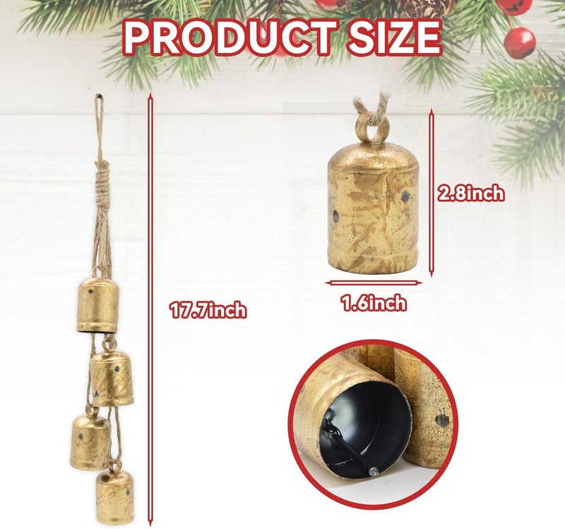 SUNYEAH Vintage Gold Bells with Jute Hanging Rope Christmas Tree Decor Lucky Cow Bell Decorative Wall Hanging Decor Witch Bells for Crafts Door Hangers - Image 3